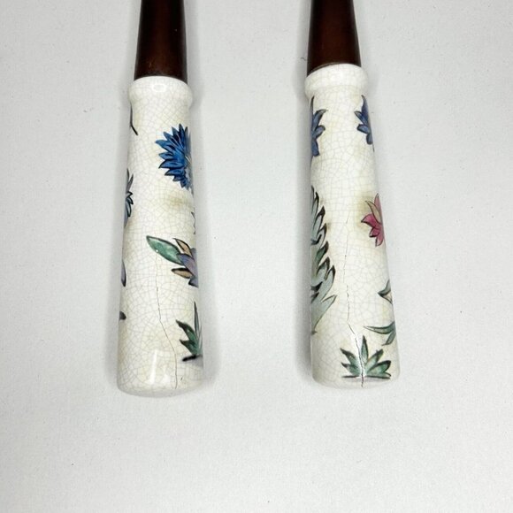 Wooden Salad Serving Fork Spoon Set w/ Porcelain Floral/Bird Handles 13" - Picture 6 of 8
